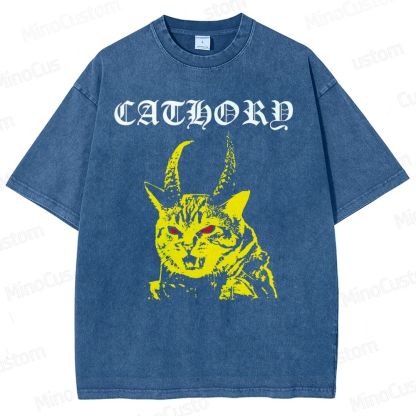 Cathord Horned Cat Vintage Washed T - Shirt.Animals