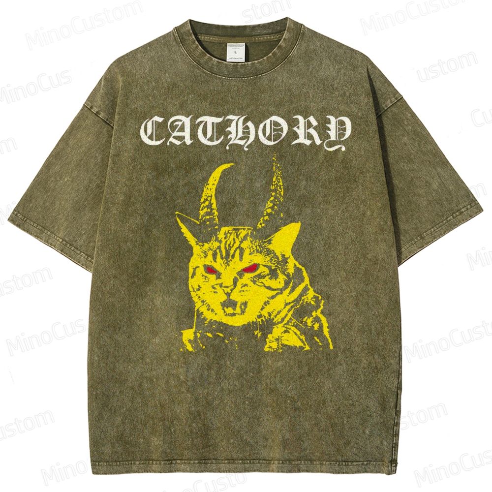 Cathord Horned Cat Vintage Washed T - Shirt.Animals
