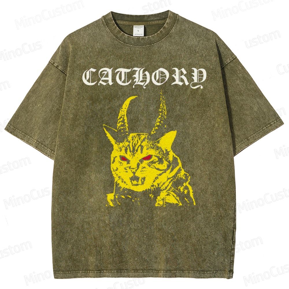 Cathord Horned Cat Vintage Washed T - Shirt.Animals