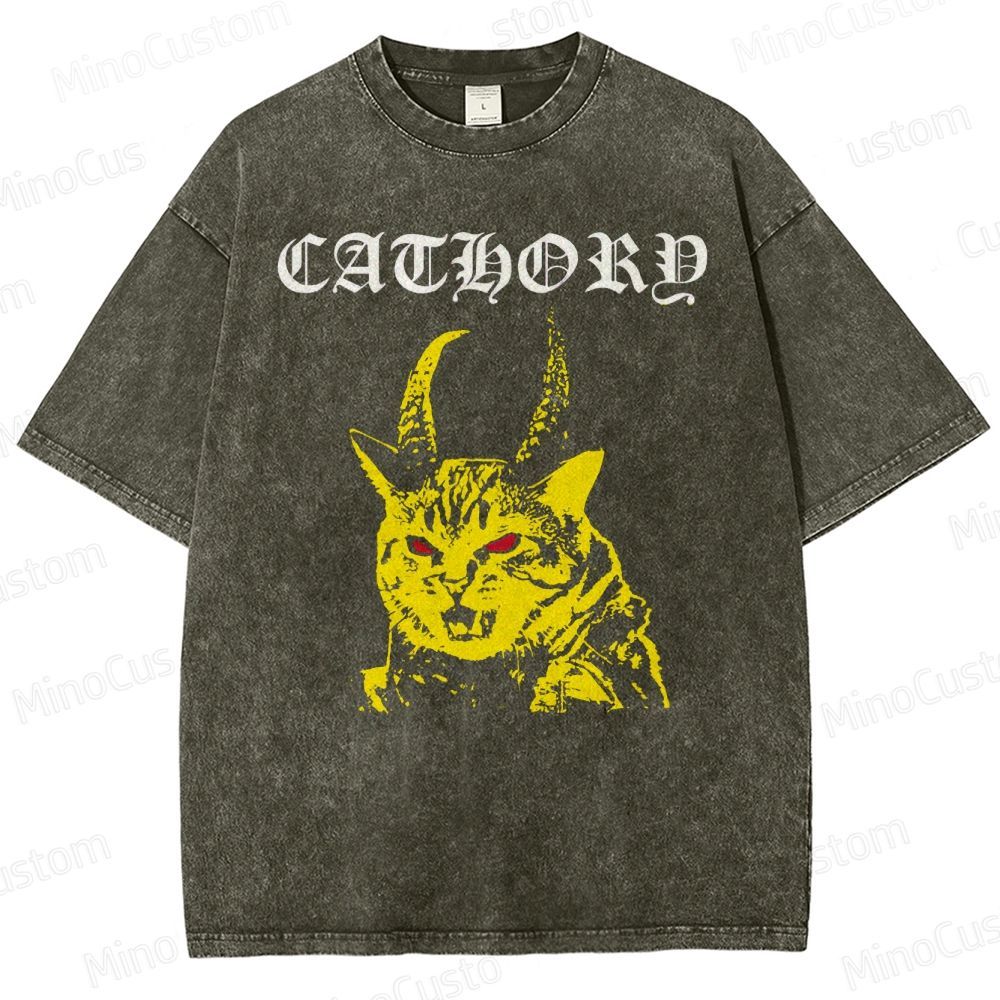 Cathord Horned Cat Vintage Washed T - Shirt.Animals