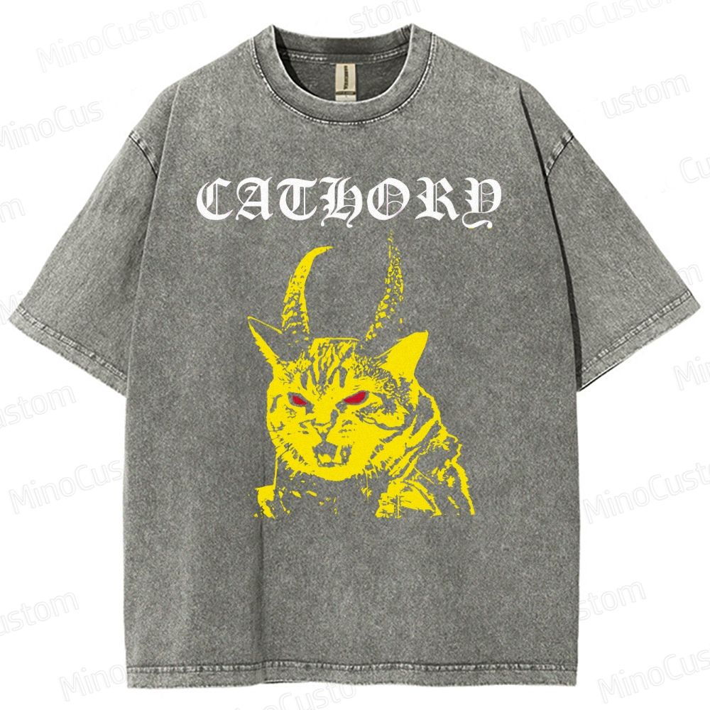 Cathord Horned Cat Vintage Washed T - Shirt.Animals