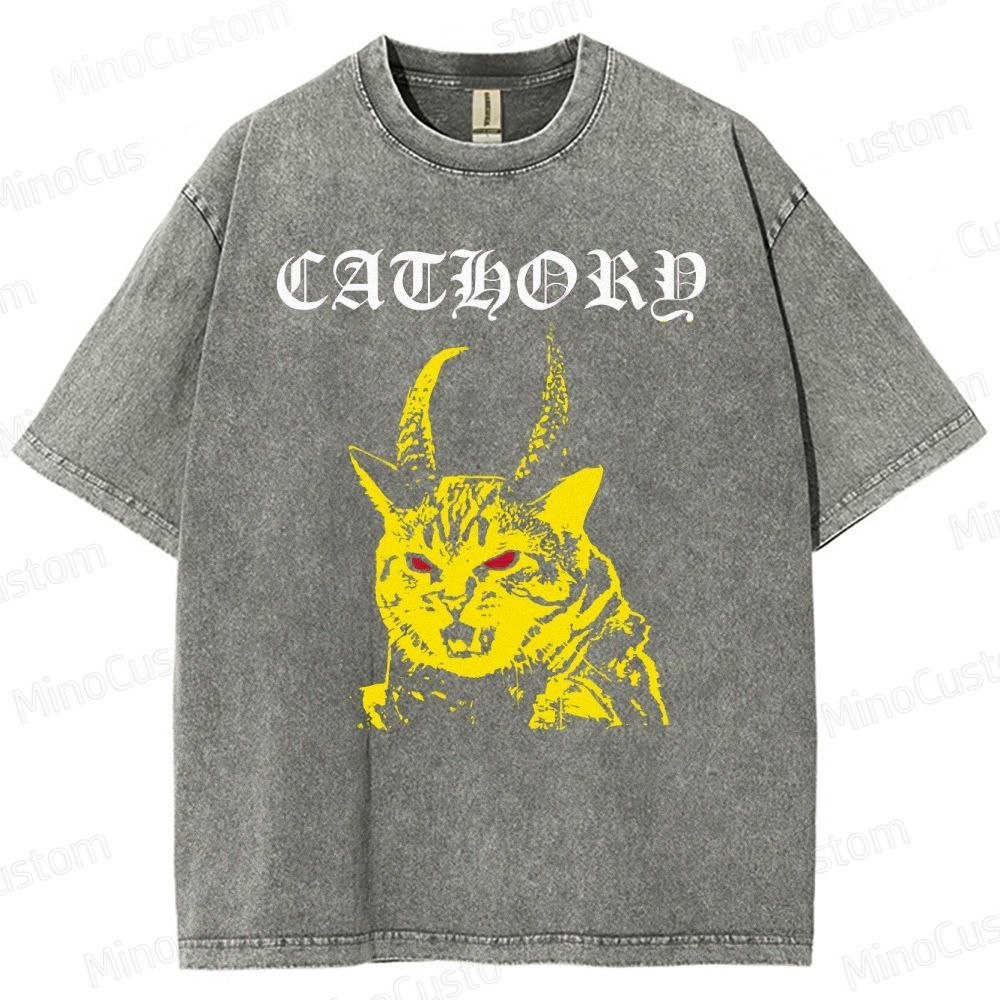 Cathord Horned Cat Vintage Washed T - Shirt.Animals