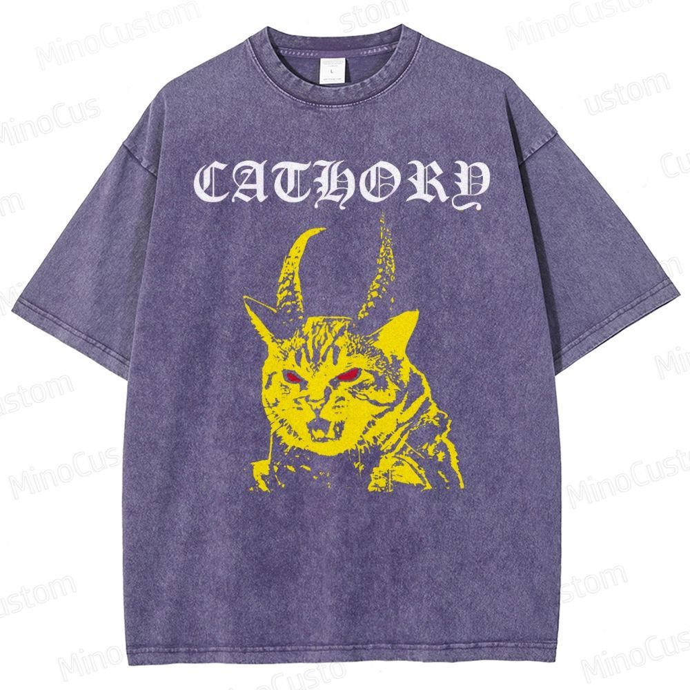 Cathord Horned Cat Vintage Washed T - Shirt.Animals