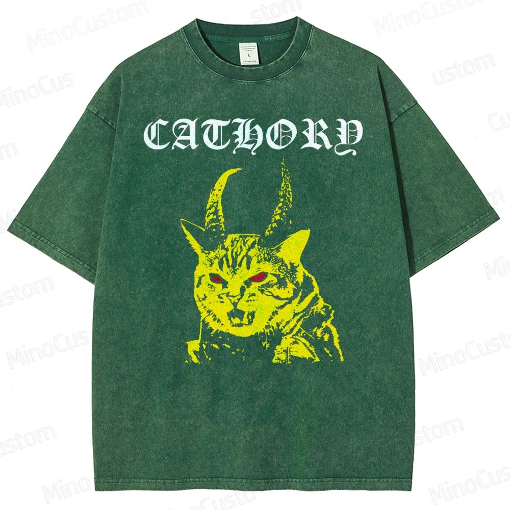 Cathord Horned Cat Vintage Washed T - Shirt.Animals