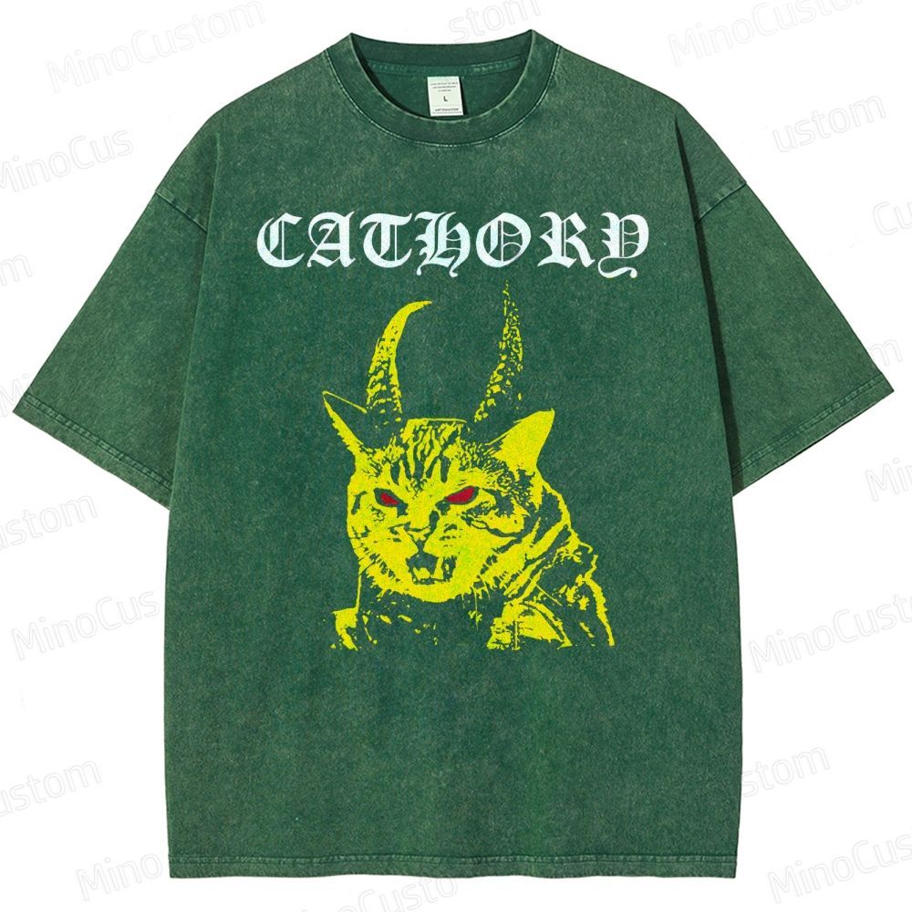 Cathord Horned Cat Vintage Washed T - Shirt.Animals