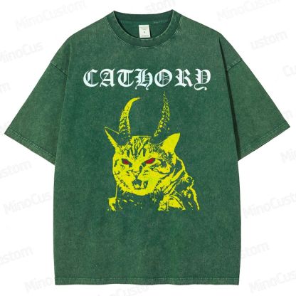 Cathord Horned Cat Vintage Washed T - Shirt.Animals