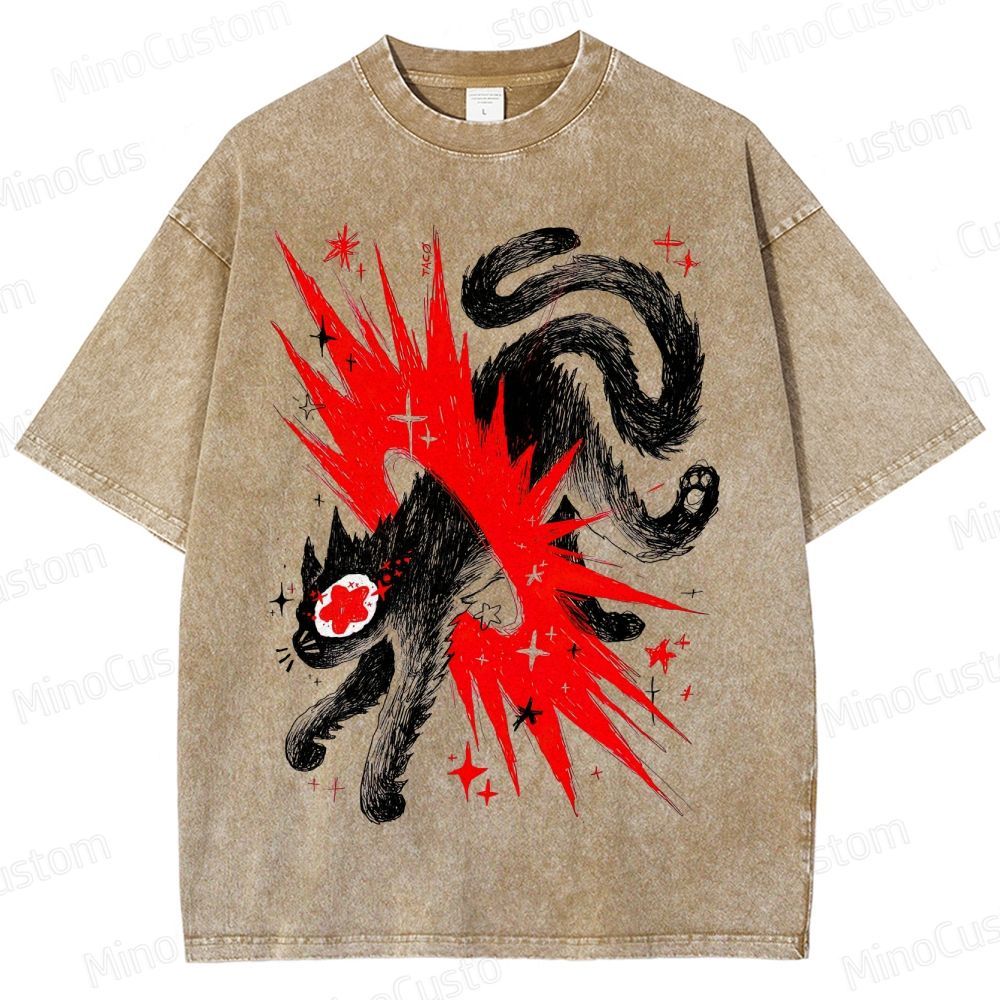 Artistic Black Cat Graphic Vintage Washed T - Shirt.Animals