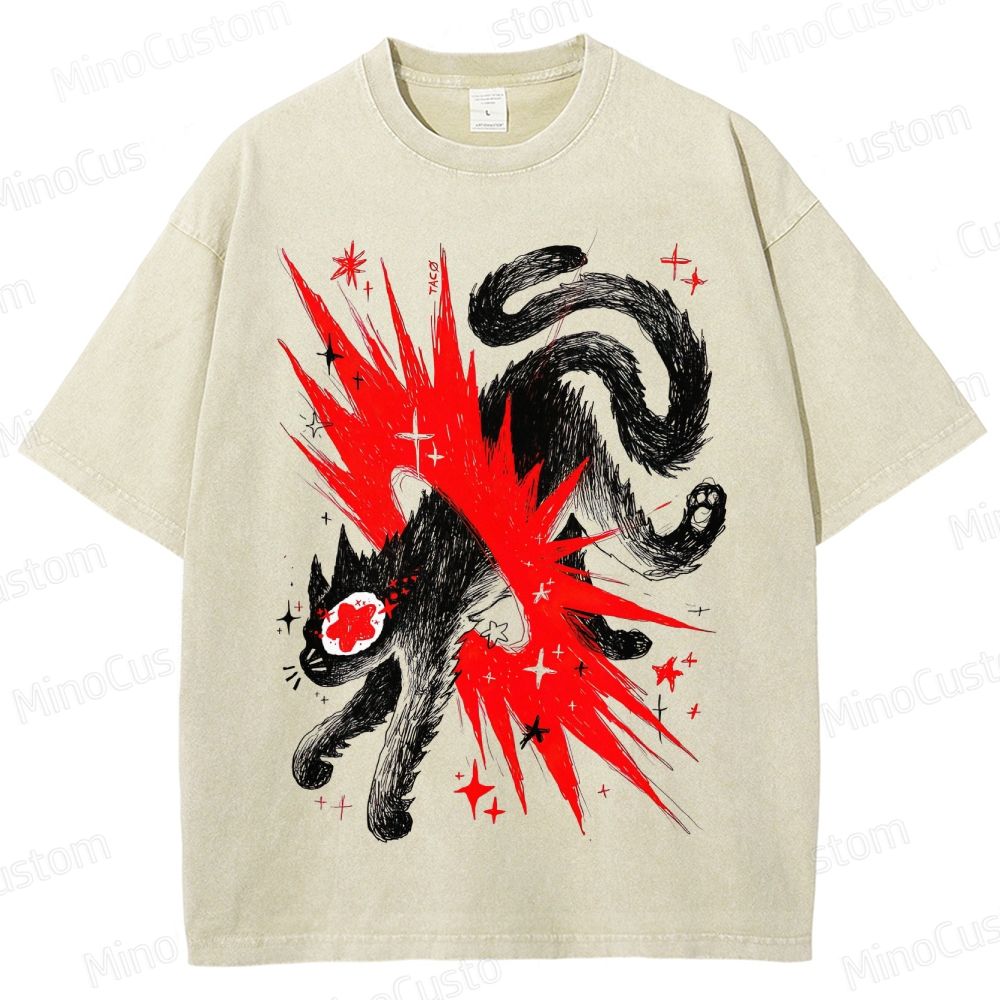 Artistic Black Cat Graphic Vintage Washed T - Shirt.Animals