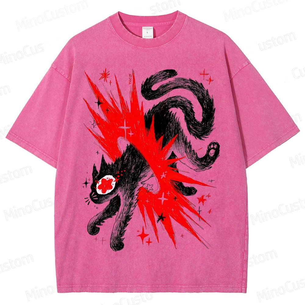 Artistic Black Cat Graphic Vintage Washed T - Shirt.Animals