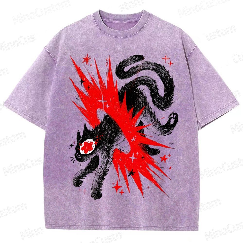Artistic Black Cat Graphic Vintage Washed T - Shirt