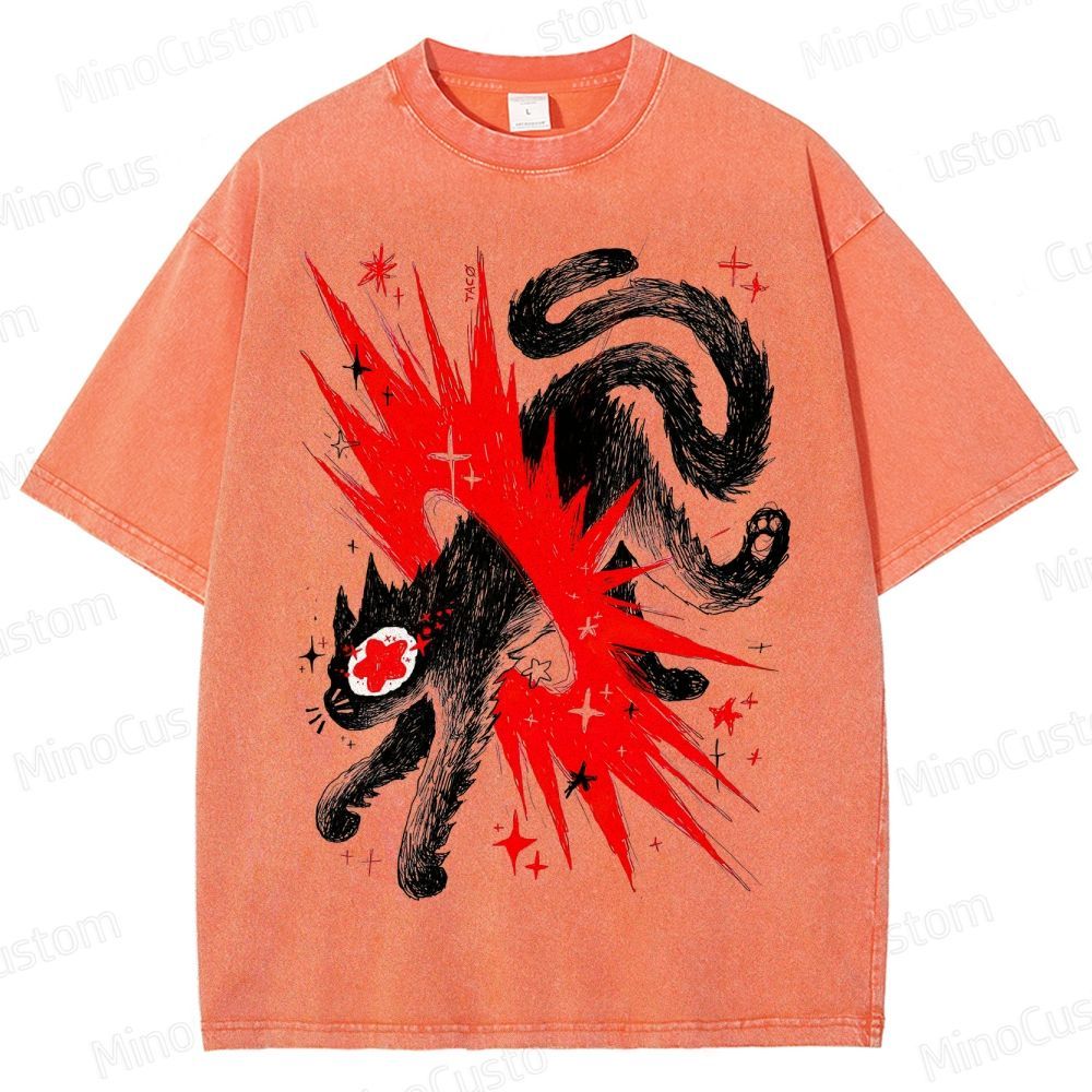 Artistic Black Cat Graphic Vintage Washed T - Shirt.Animals