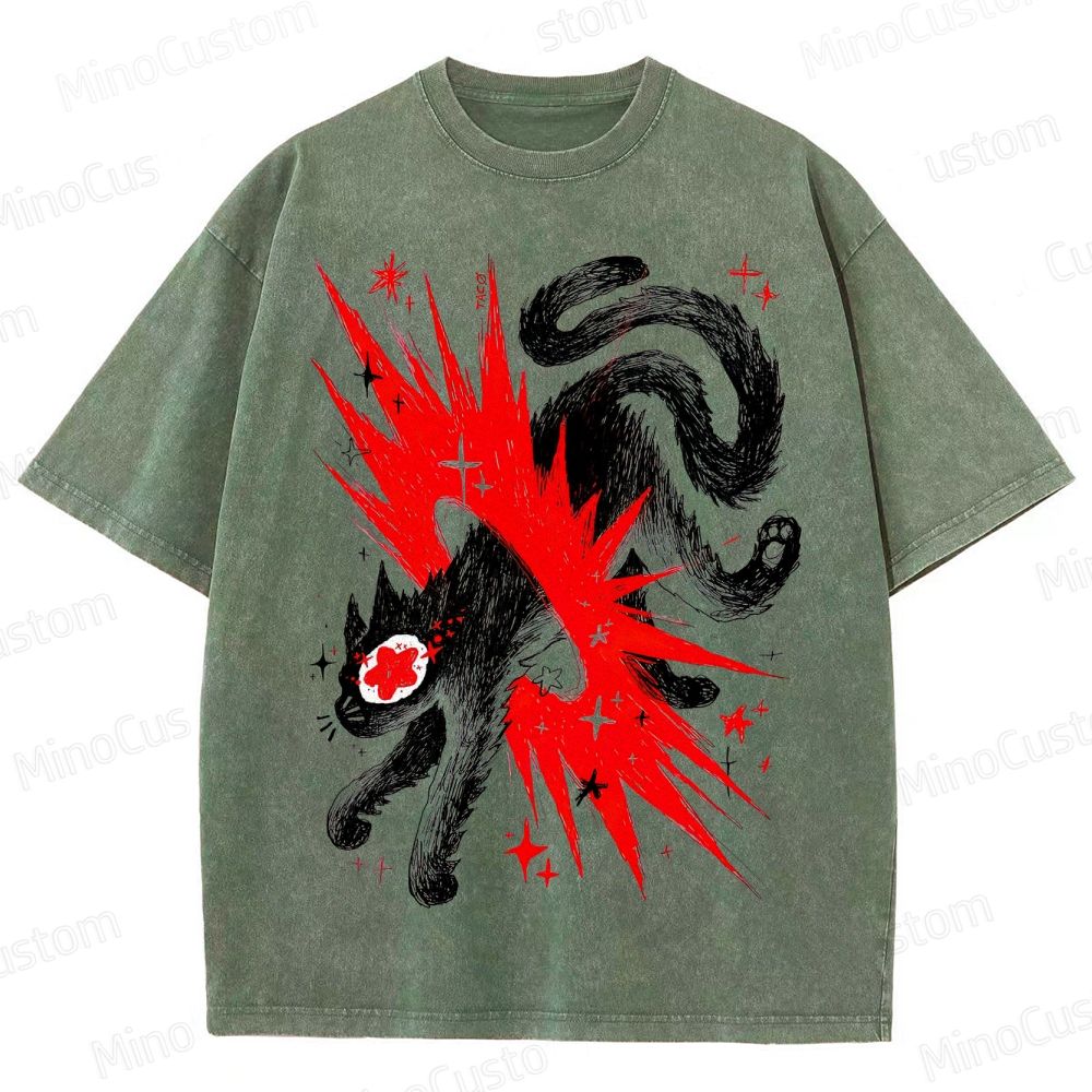 Artistic Black Cat Graphic Vintage Washed T - Shirt.Animals