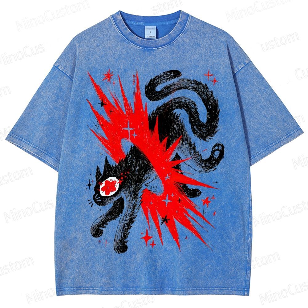 Artistic Black Cat Graphic Vintage Washed T - Shirt.Animals