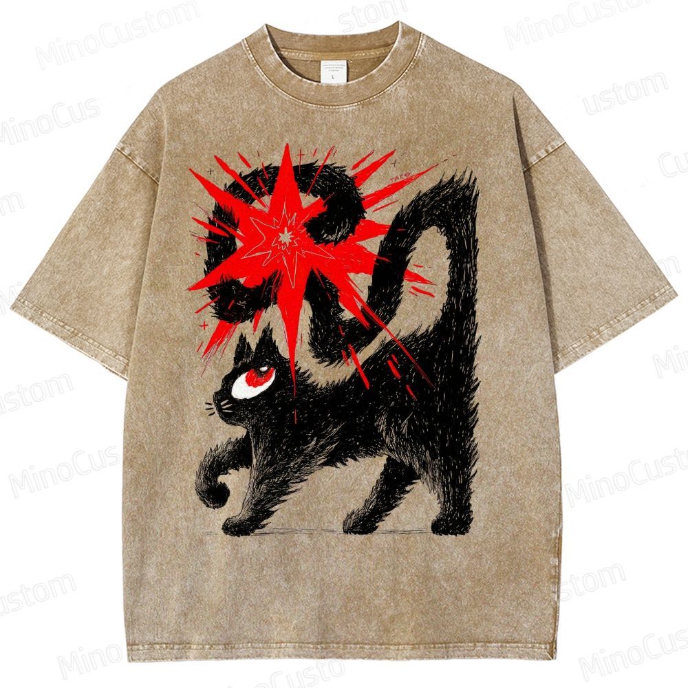 Artistic Black Cat Graphic Vintage Washed T - Shirt.Animals