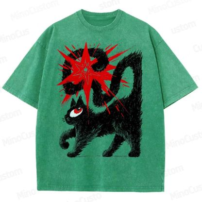 Artistic Black Cat Graphic Vintage Washed T - Shirt.Animals