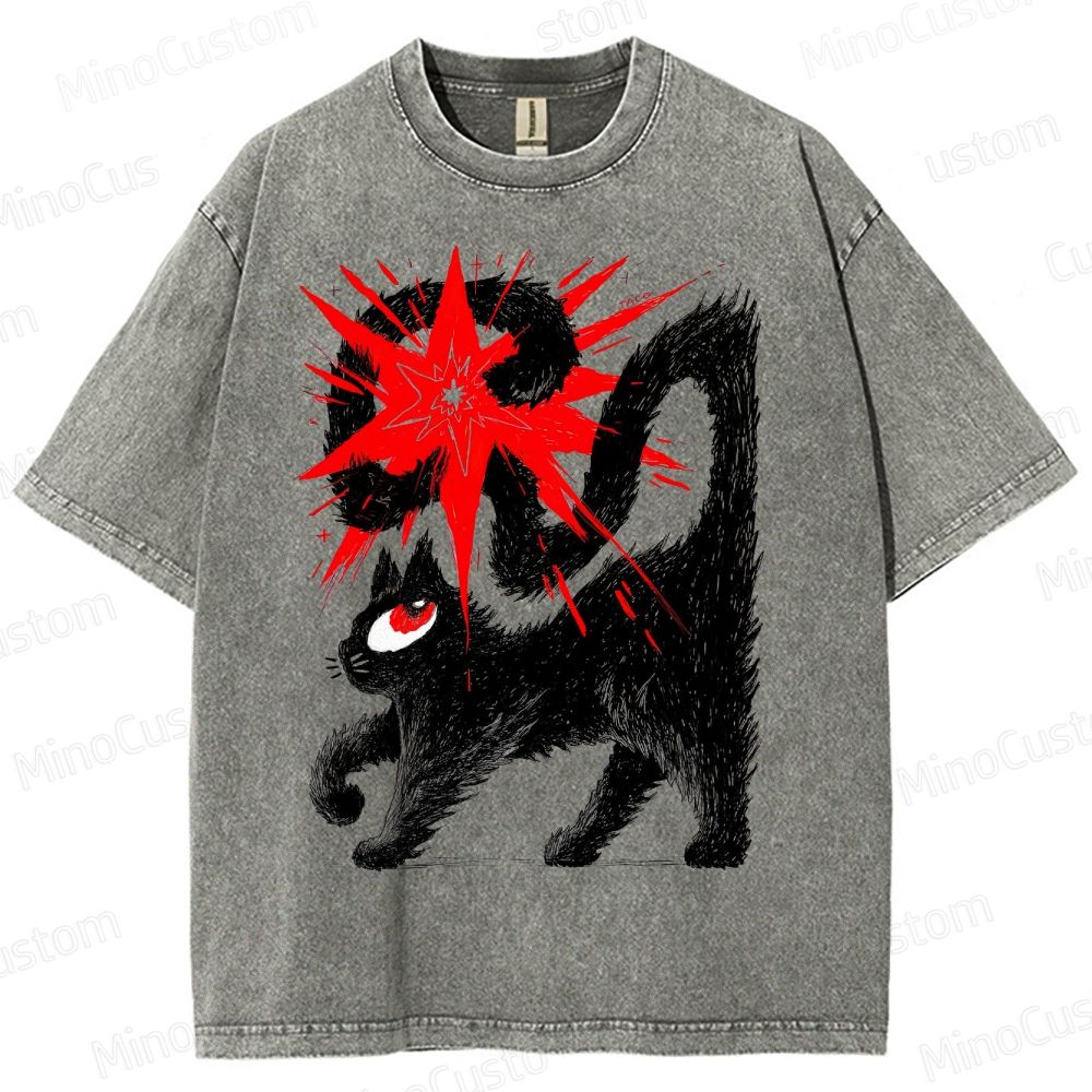 Artistic Black Cat Graphic Vintage Washed T - Shirt.Animals