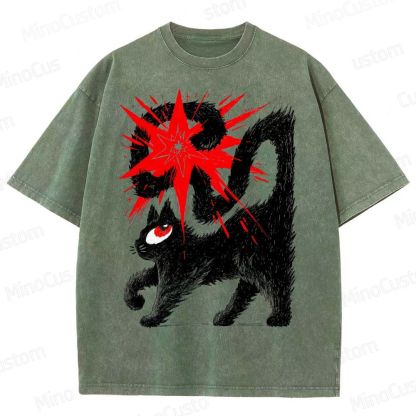 Artistic Black Cat Graphic Vintage Washed T - Shirt.Animals
