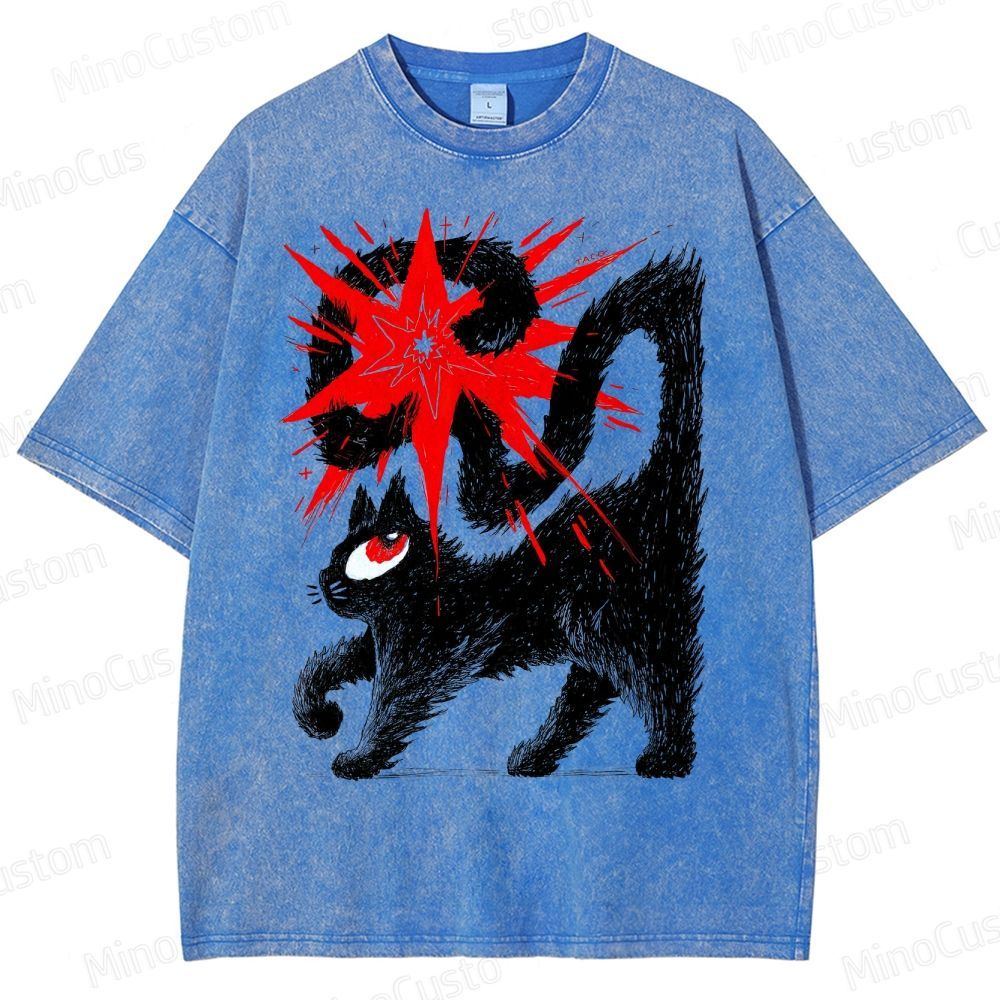 Artistic Black Cat Graphic Vintage Washed T - Shirt.Animals
