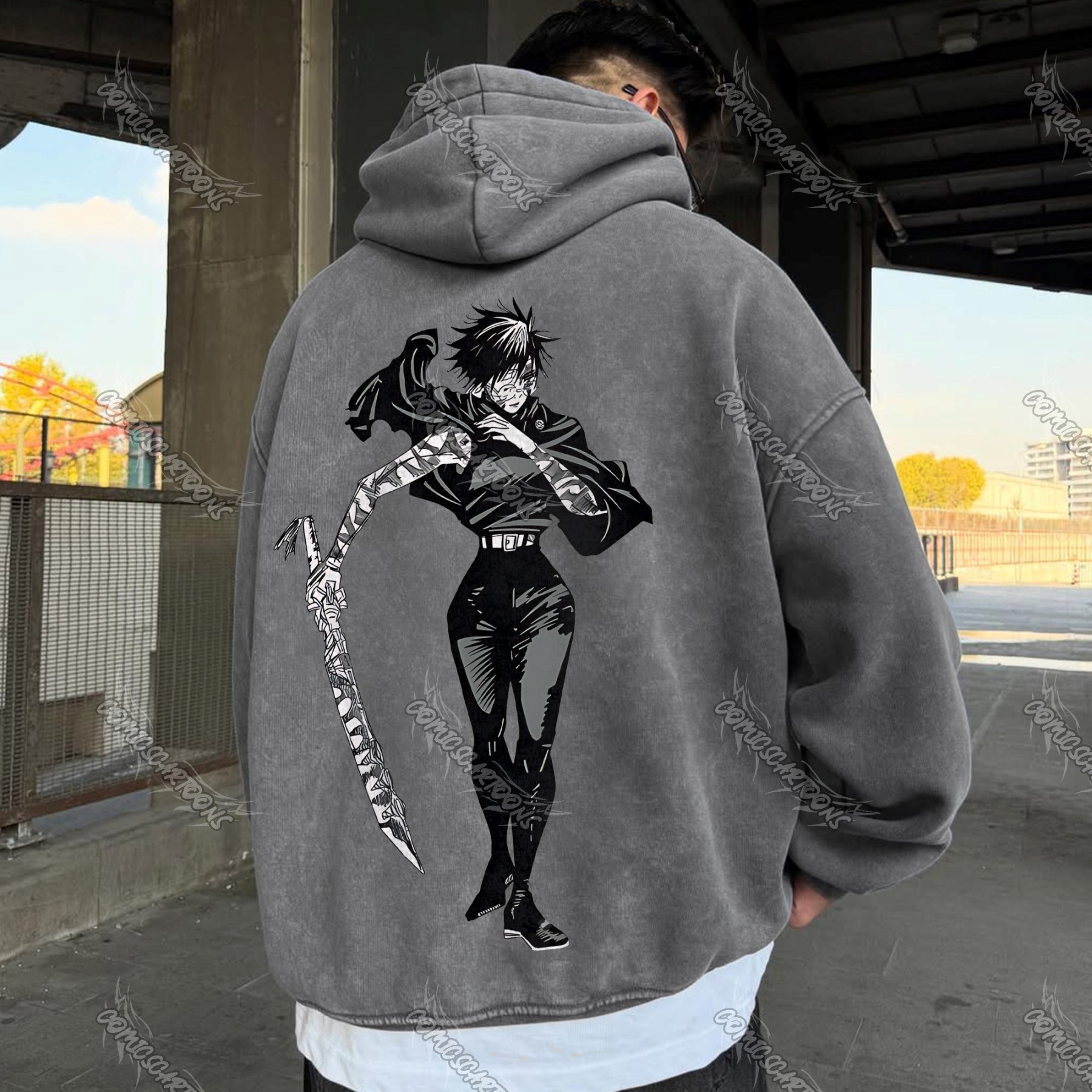 Unisex Anime Graphic Streetwear Vintage Washed Hoodie