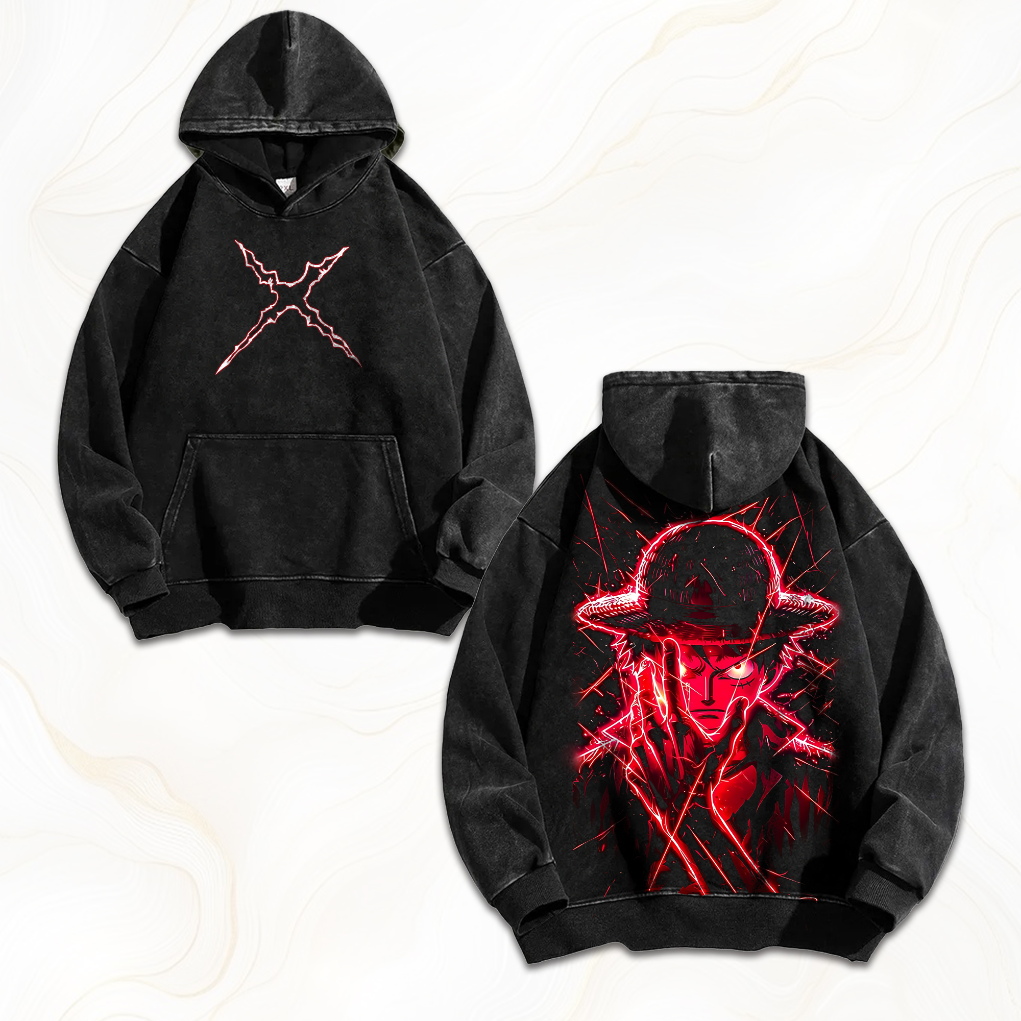 Unisex Anime Graphic Streetwear Vintage Washed Hoodie