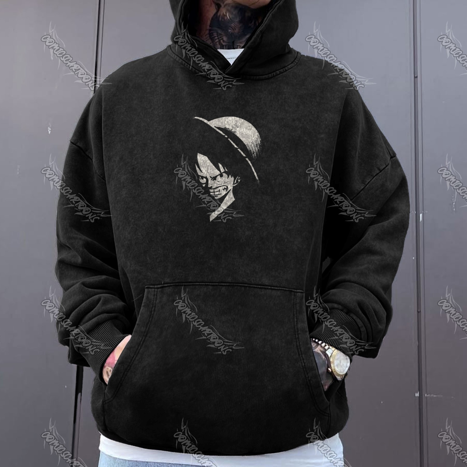 Unisex Anime Graphic Streetwear Vintage Washed Hoodie