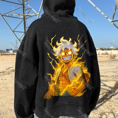Unisex Anime Graphic Streetwear Vintage Washed Hoodie