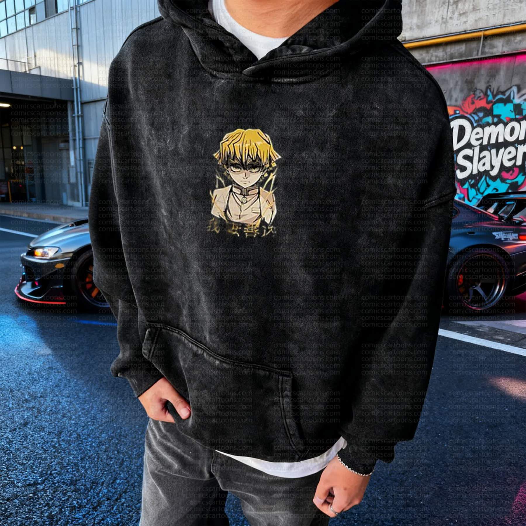Unisex Anime Graphic Water wash Streetwear Vintage Hoodie
