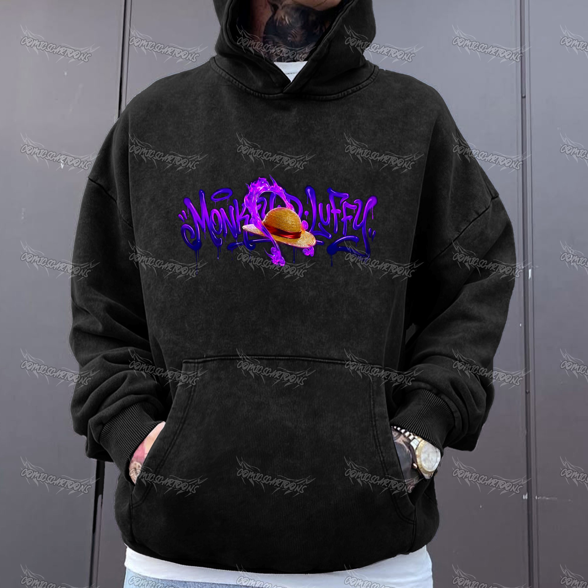 Unisex Anime Graphic Water wash Streetwear Vintage Hoodie