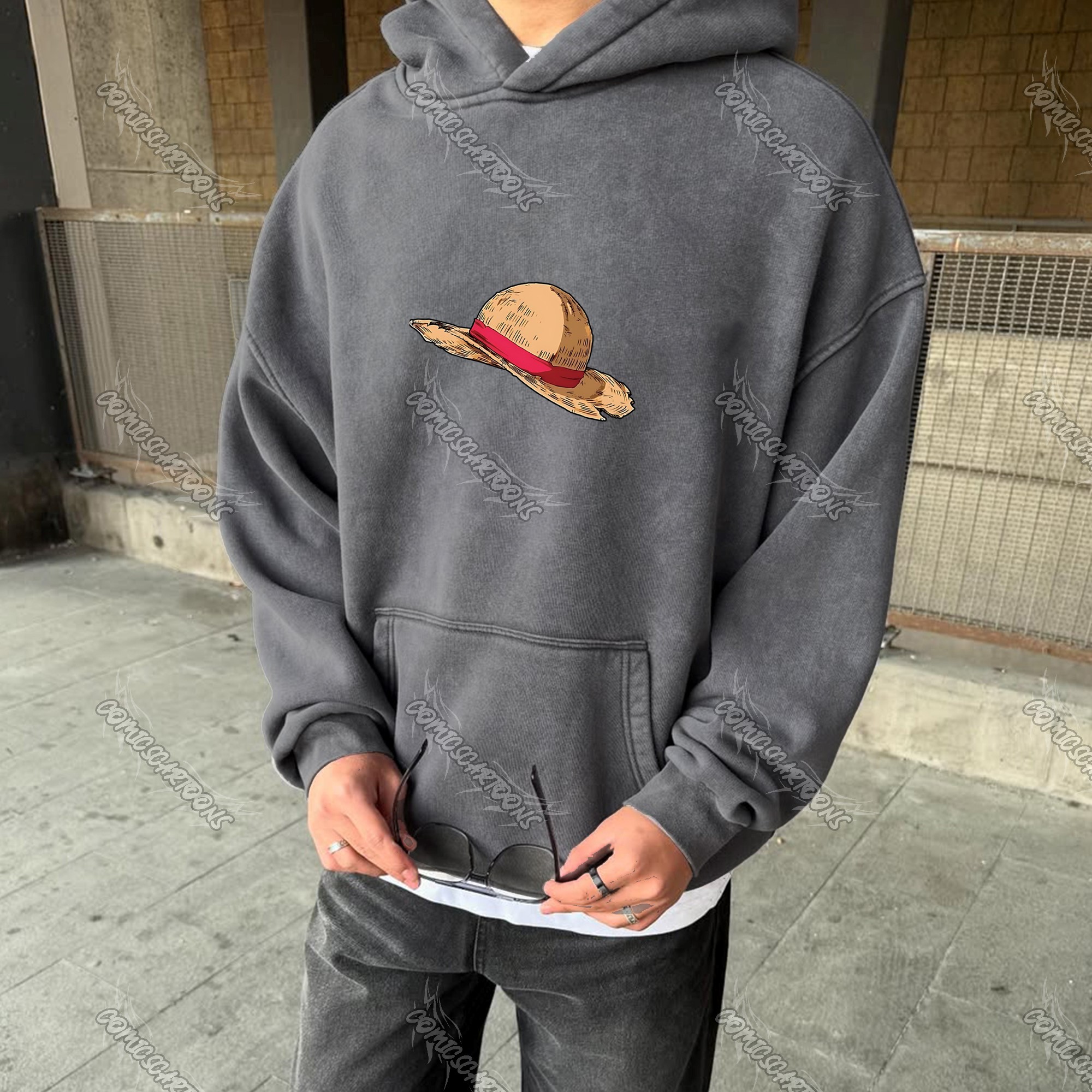 Unisex Anime Graphic Streetwear Vintage Washed Hoodie