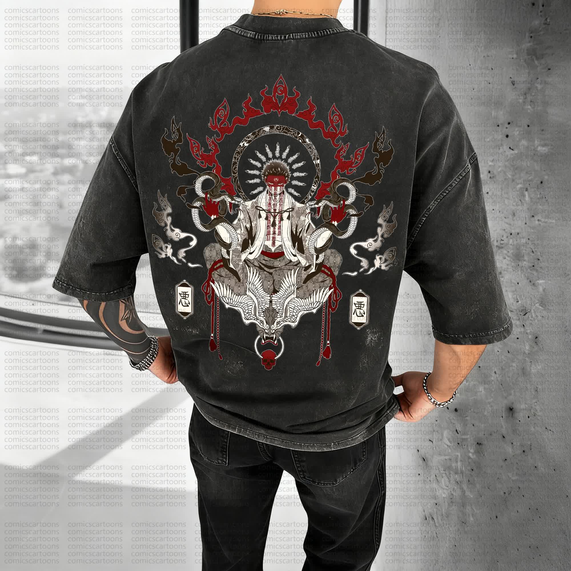 Unisex Anime Style Vintage Washed 3D Direct Injection T-Shirt