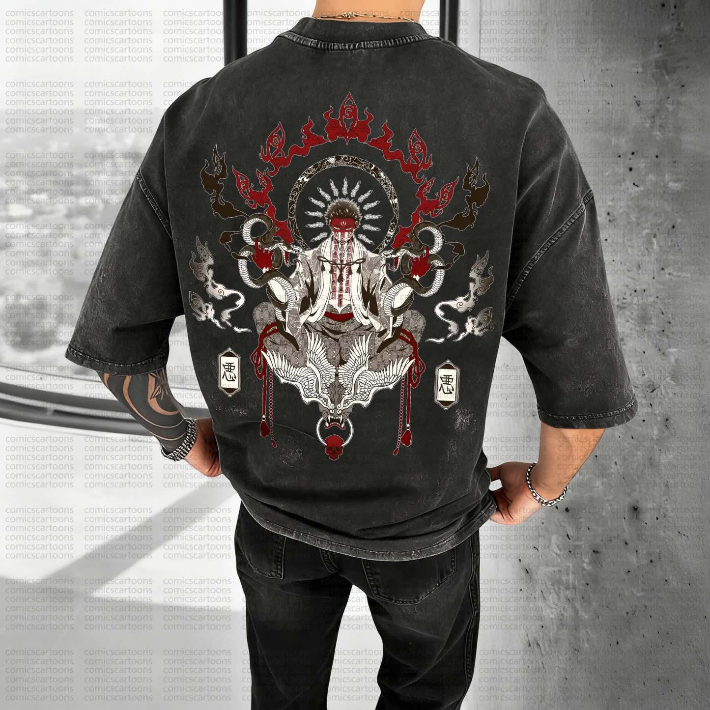 Unisex Anime Style Vintage Washed 3D Direct Injection T-Shirt