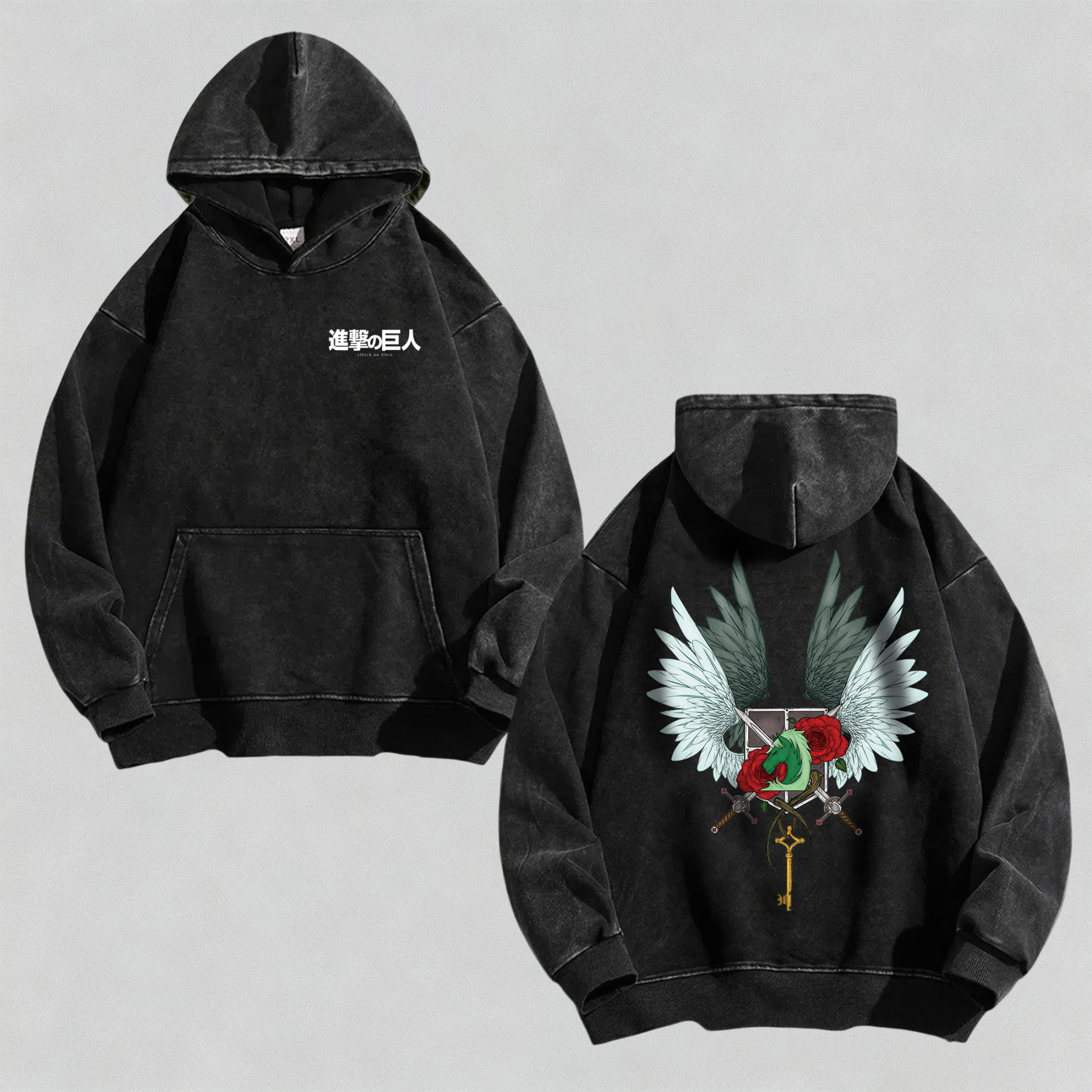 Unisex Anime Graphic Streetwear Vintage Washed Hoodie | Attack on Titan