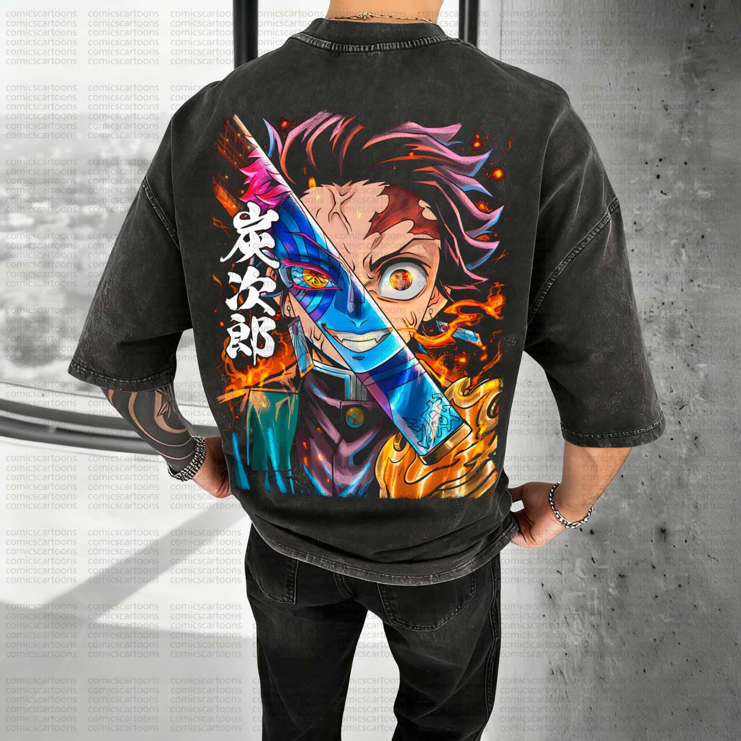 Unisex Anime Style Vintage Washed 3D Direct Injection T-Shirt