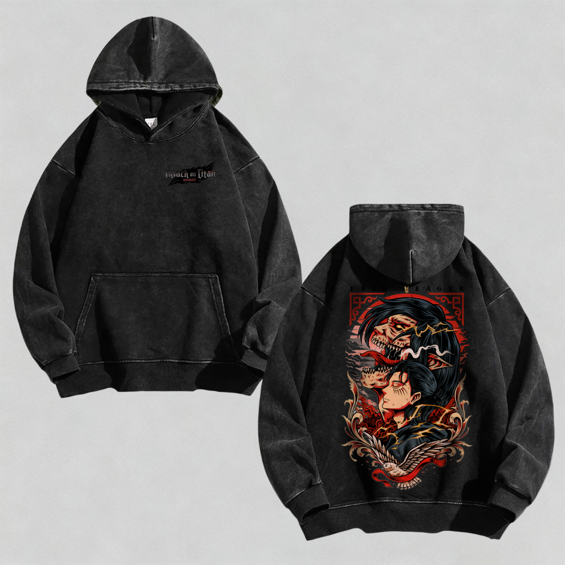 Unisex Anime Graphic Streetwear Vintage Washed Hoodie | Attack on Titan