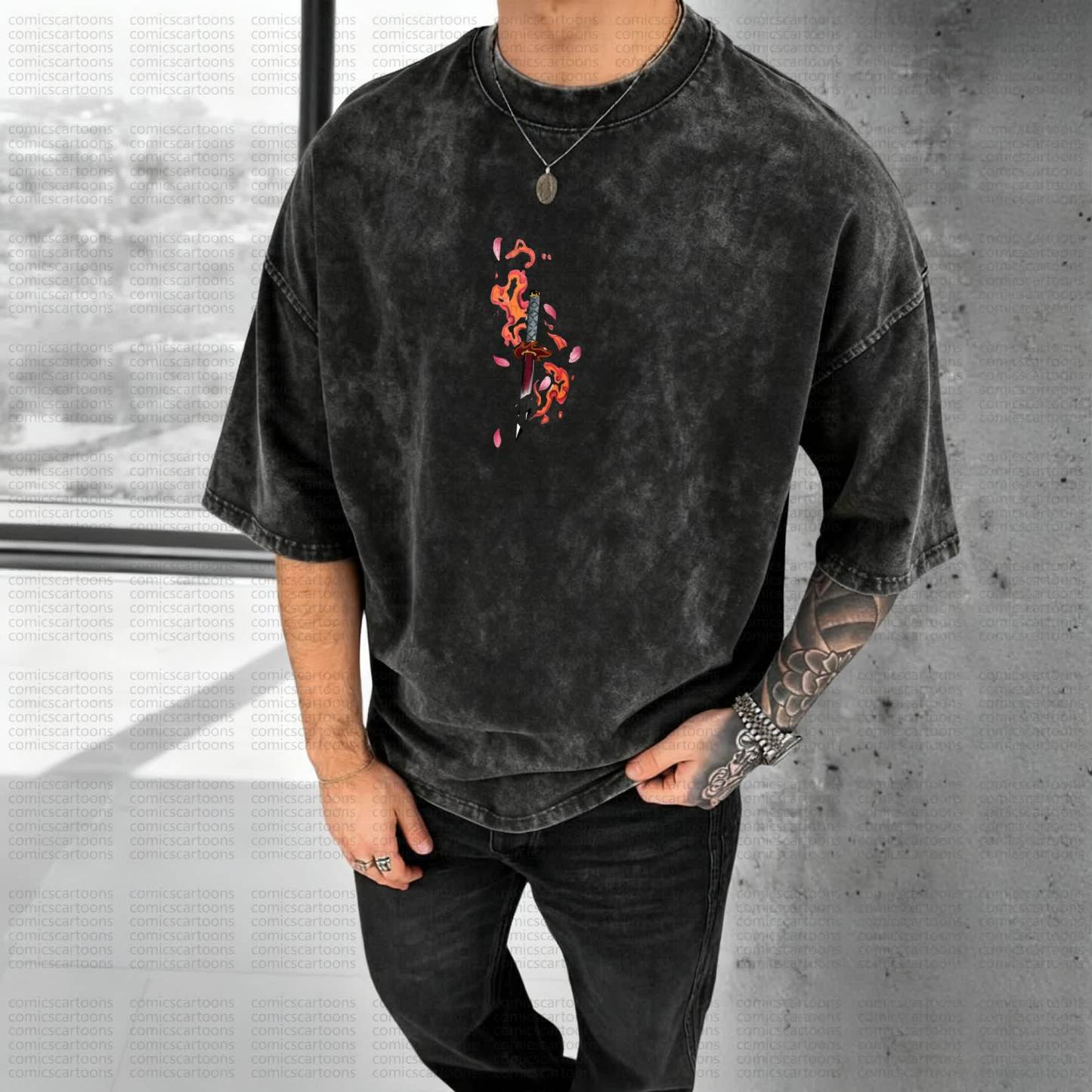 Unisex Anime Style Vintage Washed 3D Direct Injection T-Shirt