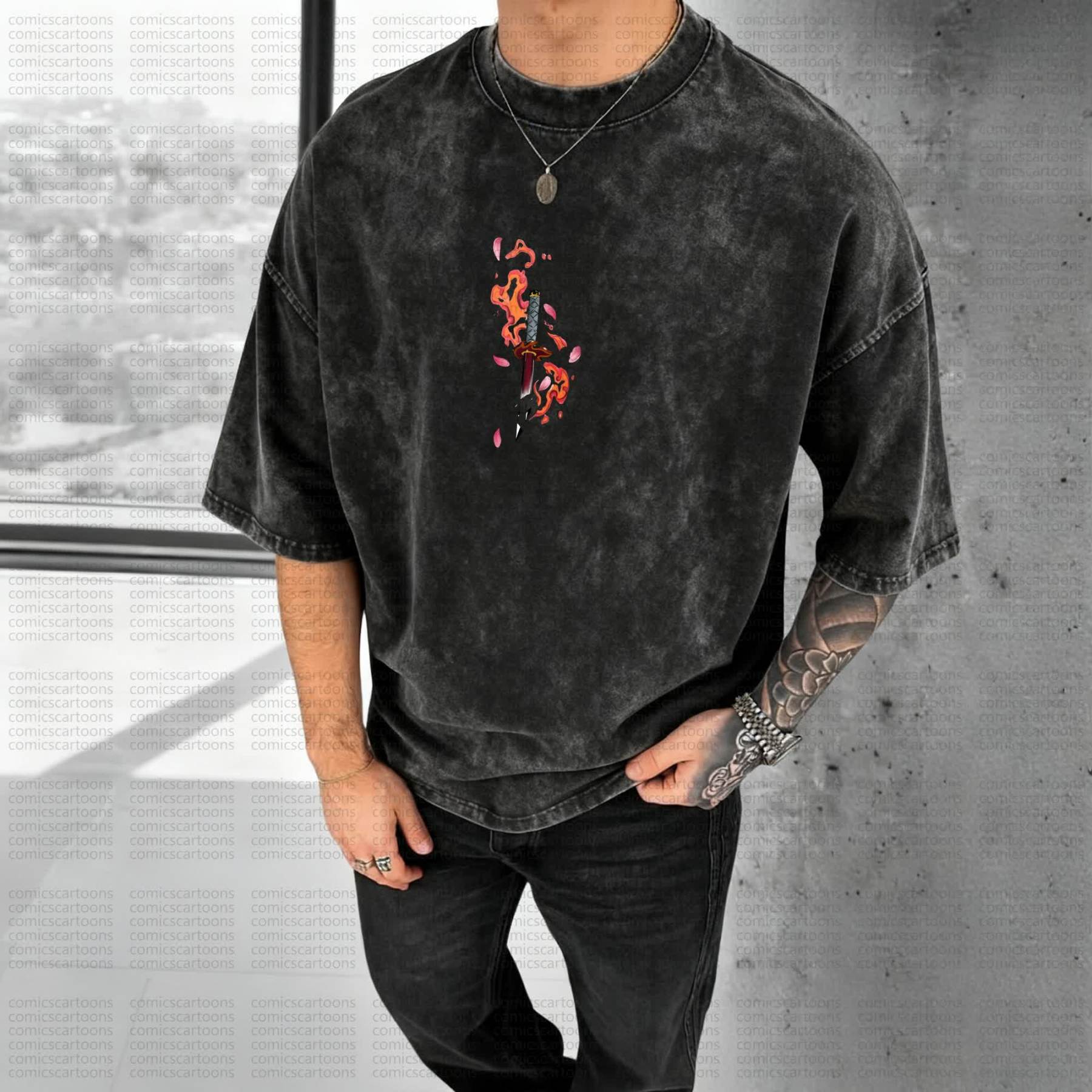 Unisex Anime Style Vintage Washed 3D Direct Injection T-Shirt