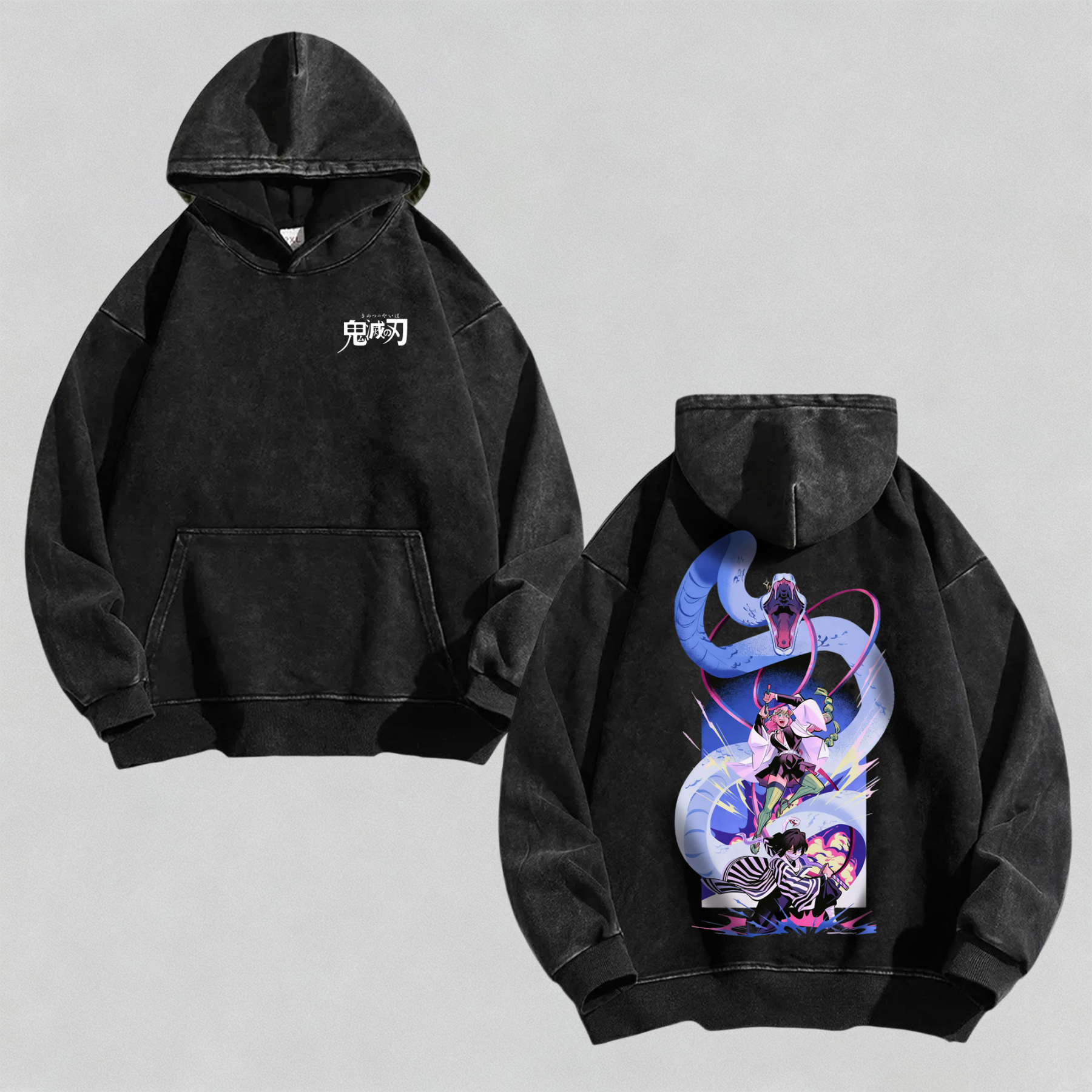 Unisex Anime Graphic Streetwear Vintage Washed Hoodie | Demon Slayer