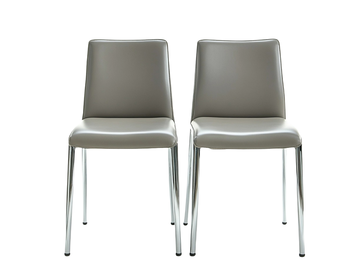 Juego de 2 sillas de comedor tapizadas en cuero sintético gris con patas de acero cromado-Minurea