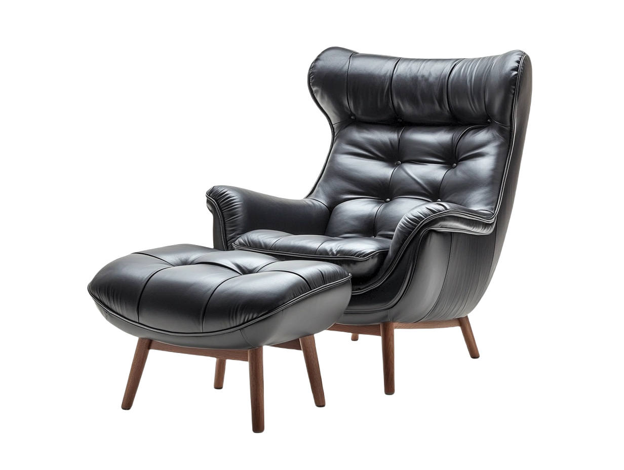 Sillón de Relajación Piel Negra con Reposapiés 2 Piezas Tapizado Madera 90x85x105 cm-Minurea