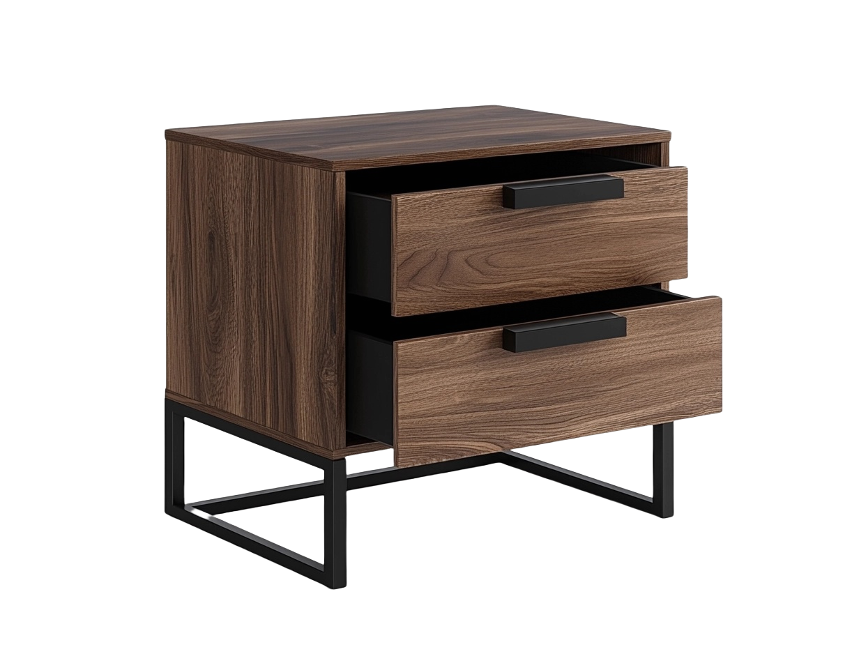 Mesita de Noche Rectangular de Dos Cajones MDF Nogal/Metal Negro 50x40x55cm-Minurea