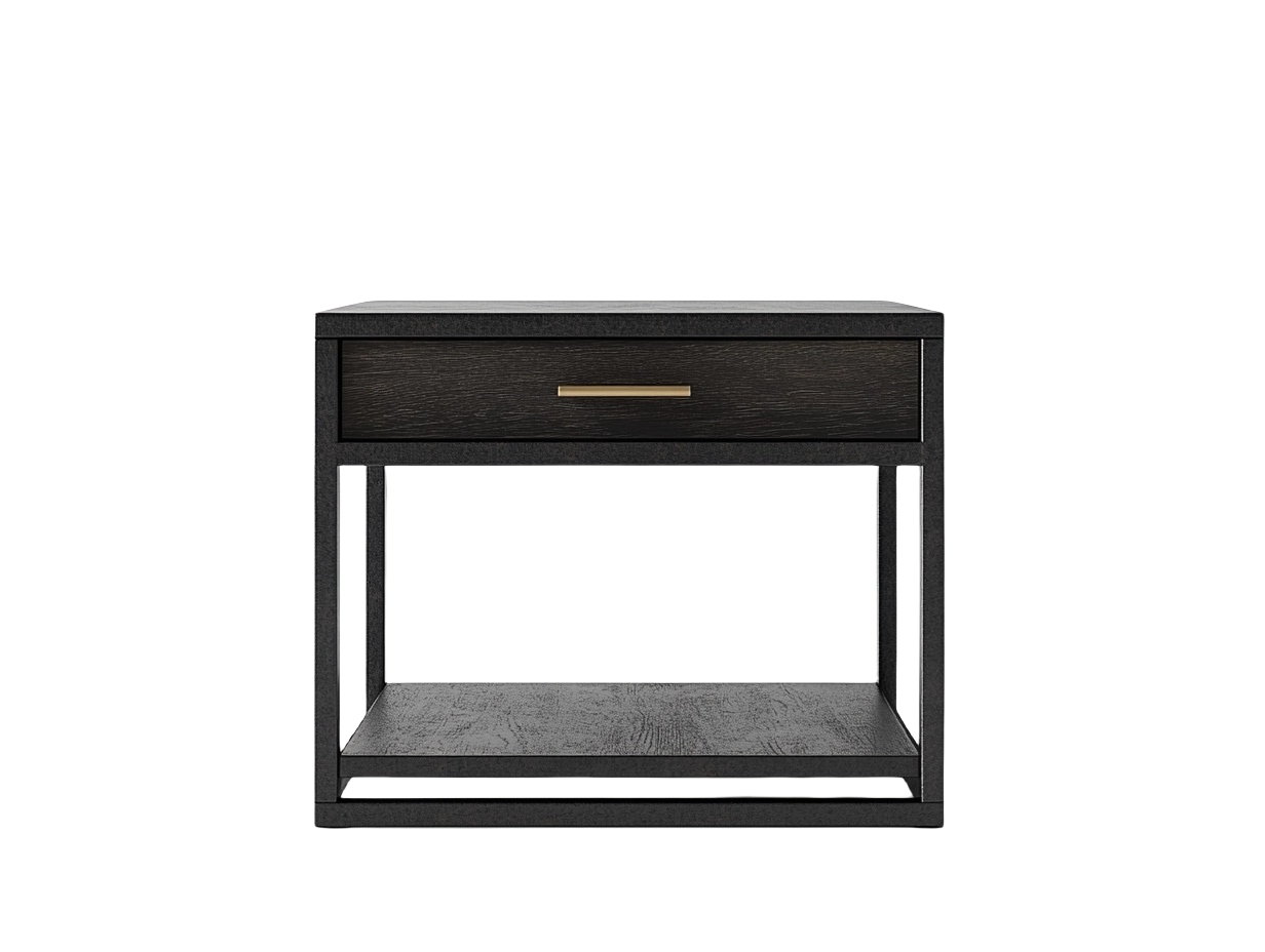 Mesita de Noche Cuadrada de Madera de Roble Negro con Cajón y Estante 50x50x60 cm-Minurea