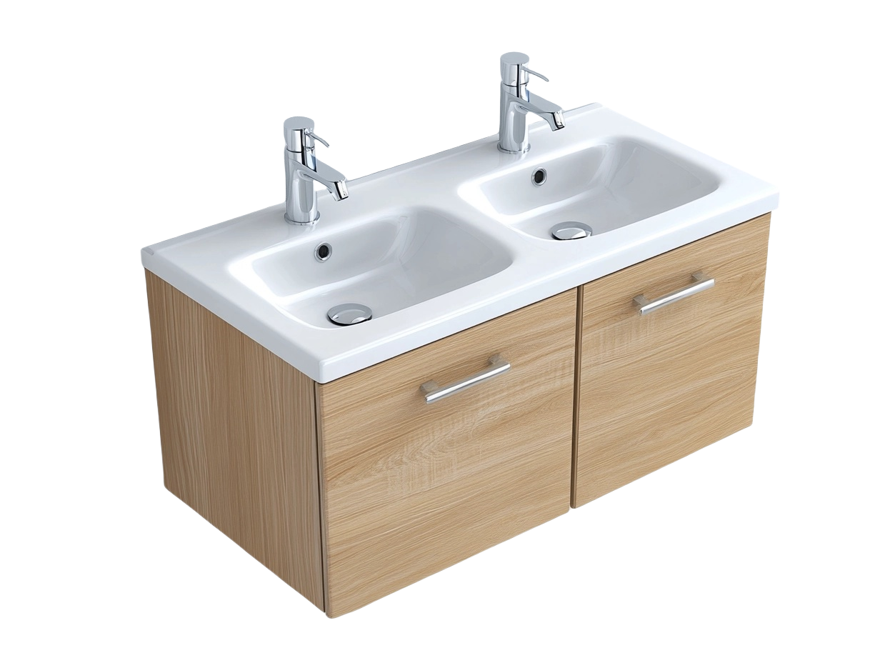 Lavabo doble de baño rectangular cerámica blanco y melamina roble 120x50x60 cm-Minurea