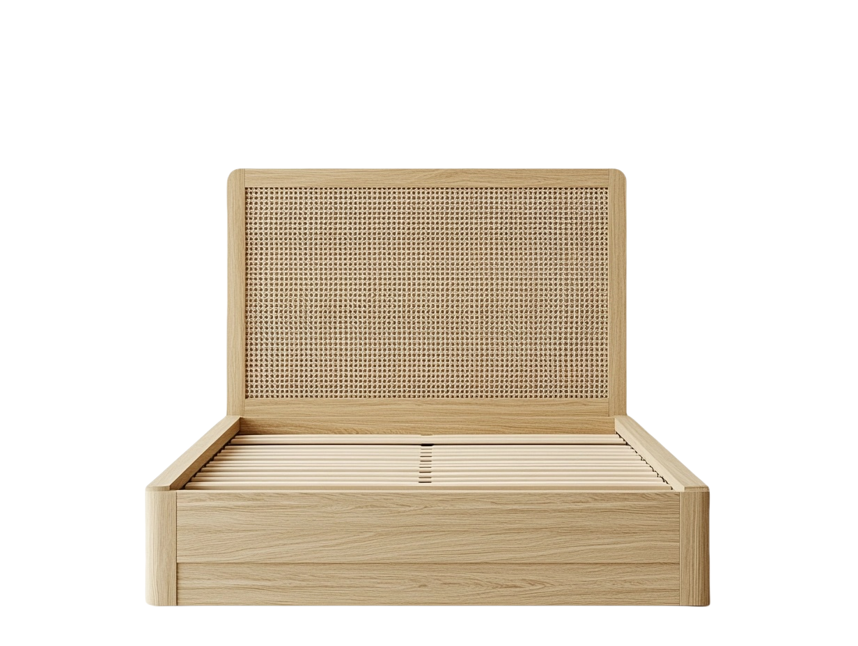 Cama de Matrimonio Rectangular Madera de Roble Natural con Cabezal de Ratán 200x160x100cm-Minurea