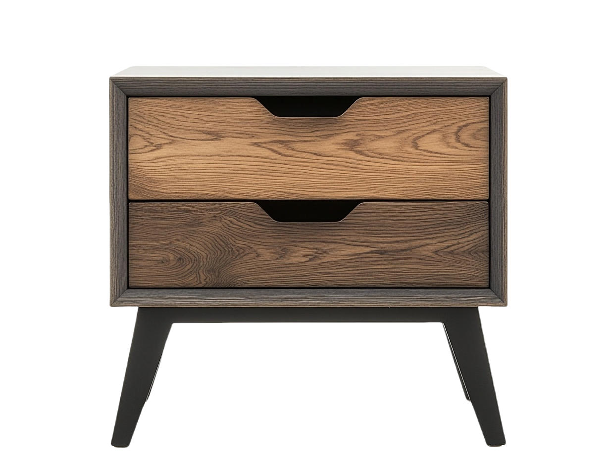 Mesita de Noche Dos Cajones Madera Maciza/Metal Natural/Negro 50x60x40 cm-Minurea