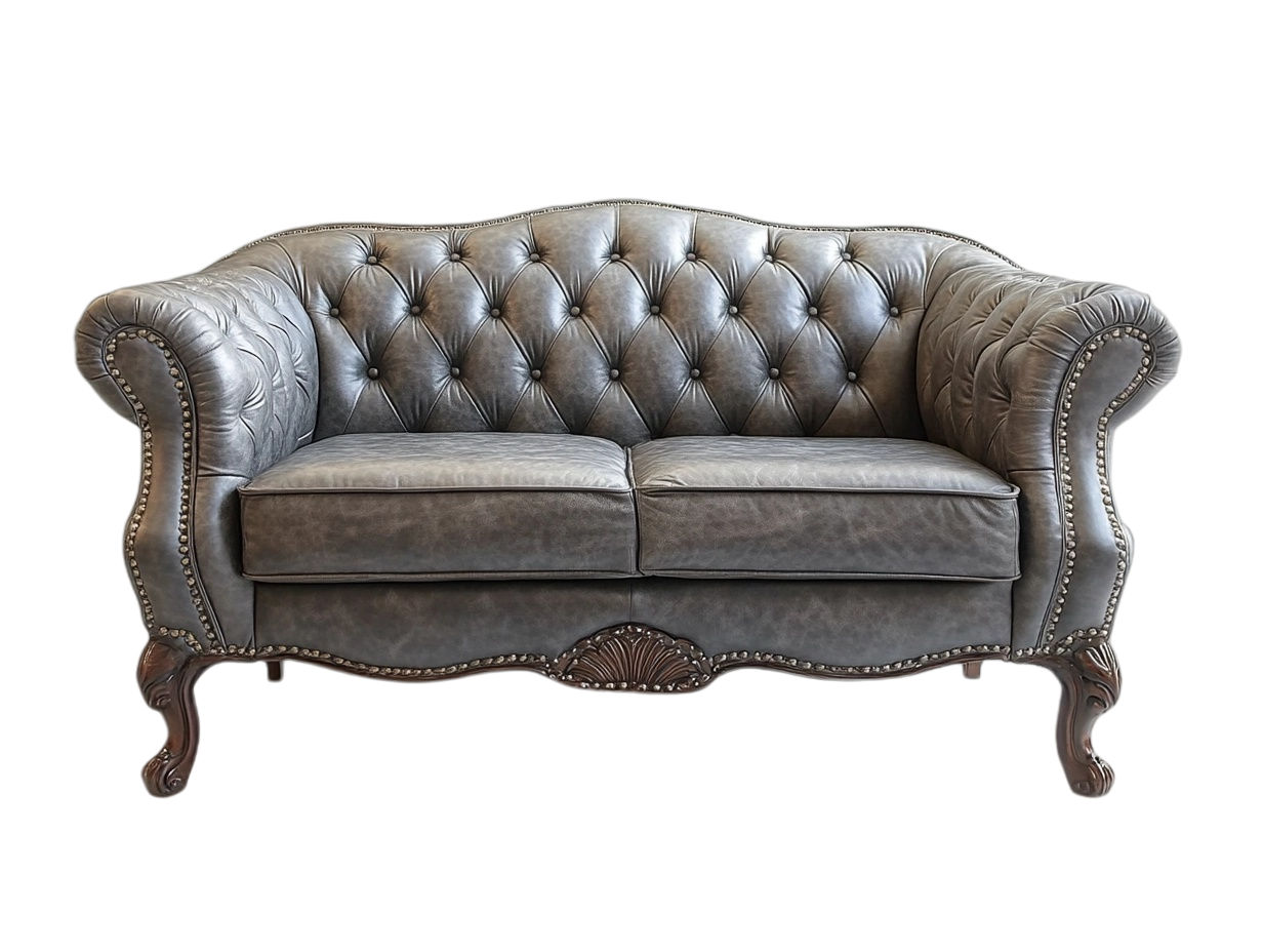 Sofá Dos Plazas Clásico Cuero Sintético Gris con Detalles de Madera-Minurea