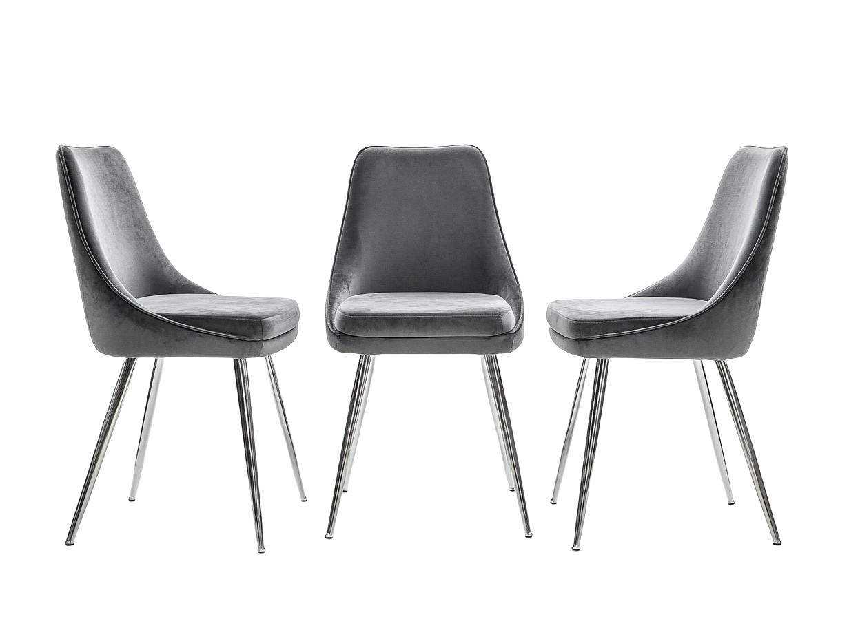 Conjunto de 3 Sillas de Comedor Forma Curva Terciopelo Gris Acero Cromado-Minurea