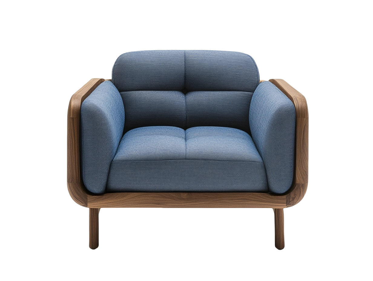 Sofá sillón cuadrado tela poliéster azul marco madera nogal-Minurea