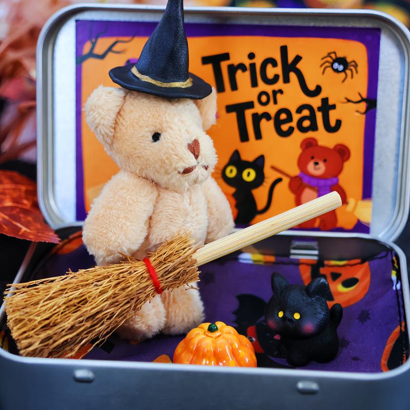 🎃🧸Cute Halloween Teddy Bear in a Box with wizard hat, Broom, Pumpkin & Cat🌟👻