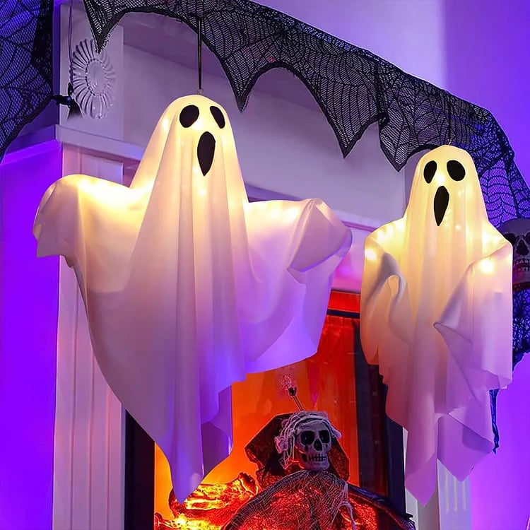 Halloween Leuchtender Geister-Kronleuchter – Gruselige Windspiel-Deko Mit 3 LED-Modi (Orange, Wasserfest)