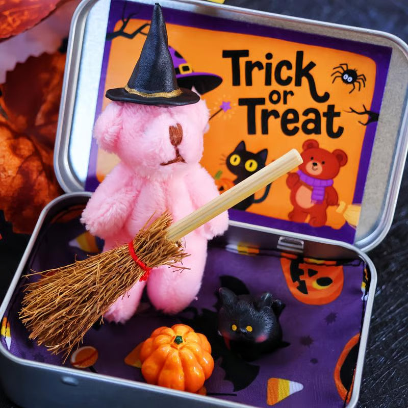 🎃🧸Cute Halloween Teddy Bear in a Box with wizard hat, Broom, Pumpkin & Cat🌟👻 2